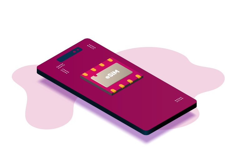 Illustration of a smartphone with an embedded eSIM chip, set against a vibrant pink background.