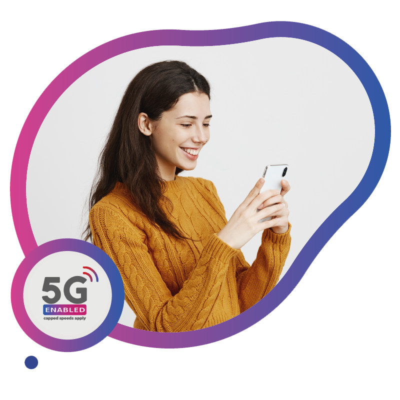 A person wearing a cozy orange sweater holding a smartphone, surrounded by a colorful graphic highlighting 5G capabilities, representing seamless exploration of Australia with eSIM.